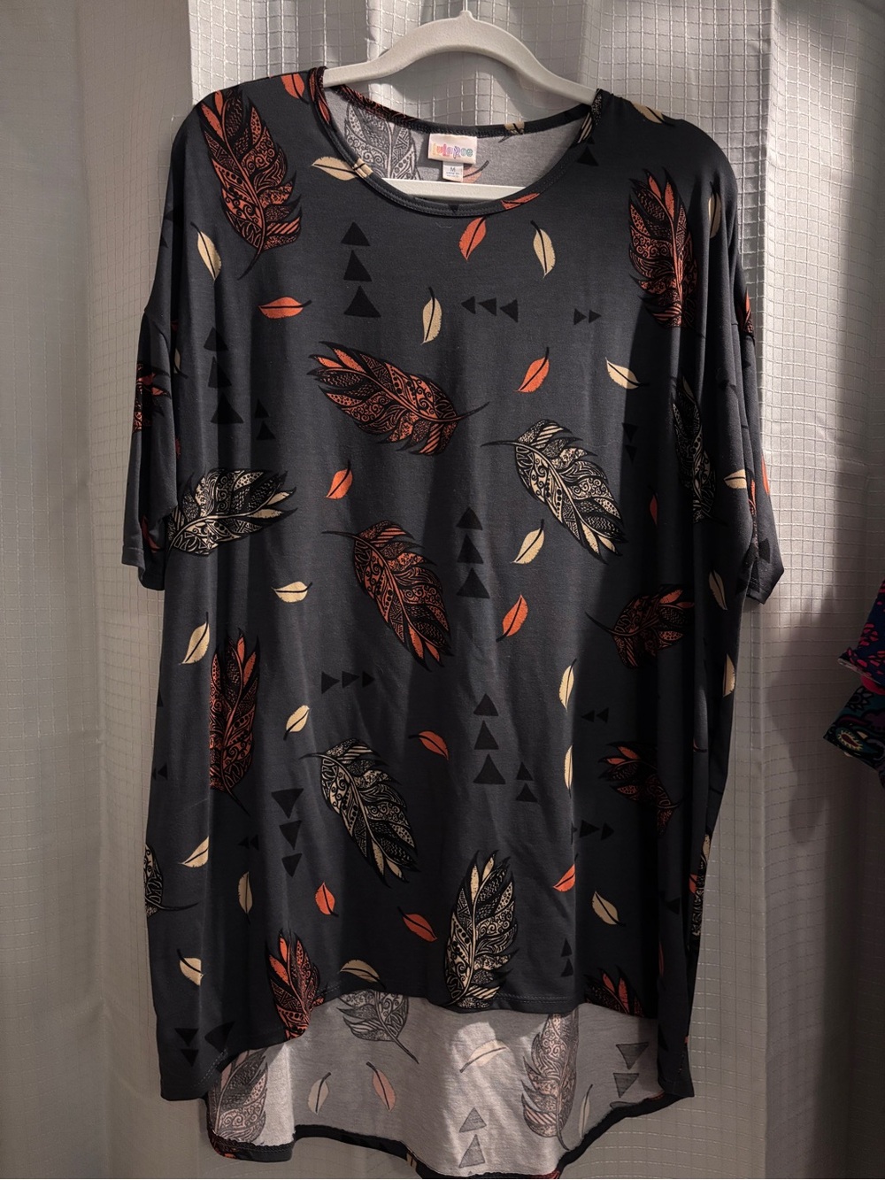 LuLaRoe Black Tunic with Rust and Cream Feather Print